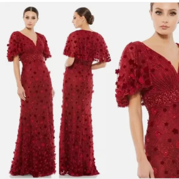 MAC DUGGAL 67712 EMBELLIHSED 3D FLORAL BURGUNDY FLUTTER SLEEVE GOWN sz 2 - Picture 1 of 3